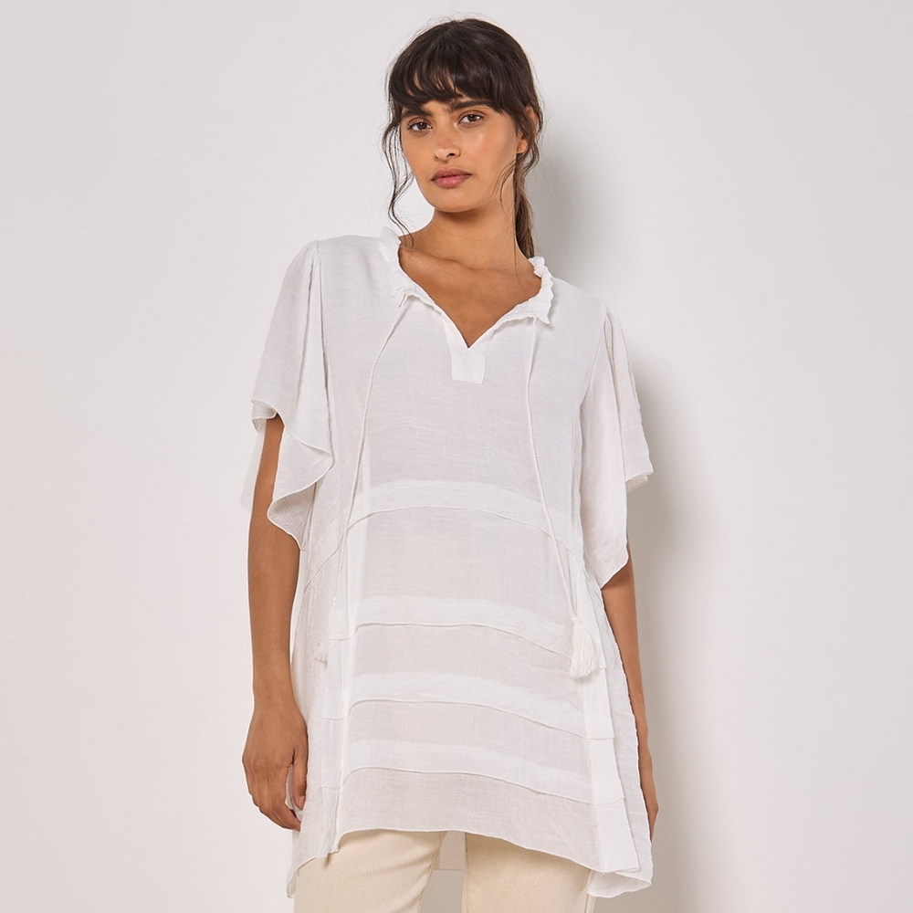 Lightweight Tunic With Flutter Sleeve and Tassel Tie